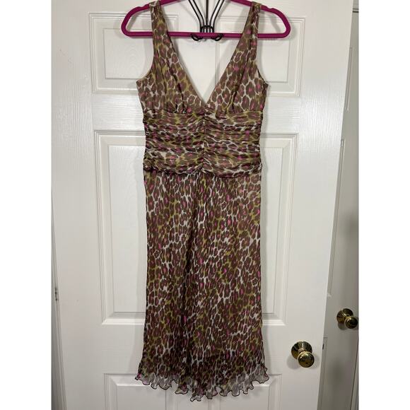 Trina Turk 100% Silk Leopard Print Sleeveless V Neck Cocktail Dress Size 6 - Picture 1 of 7